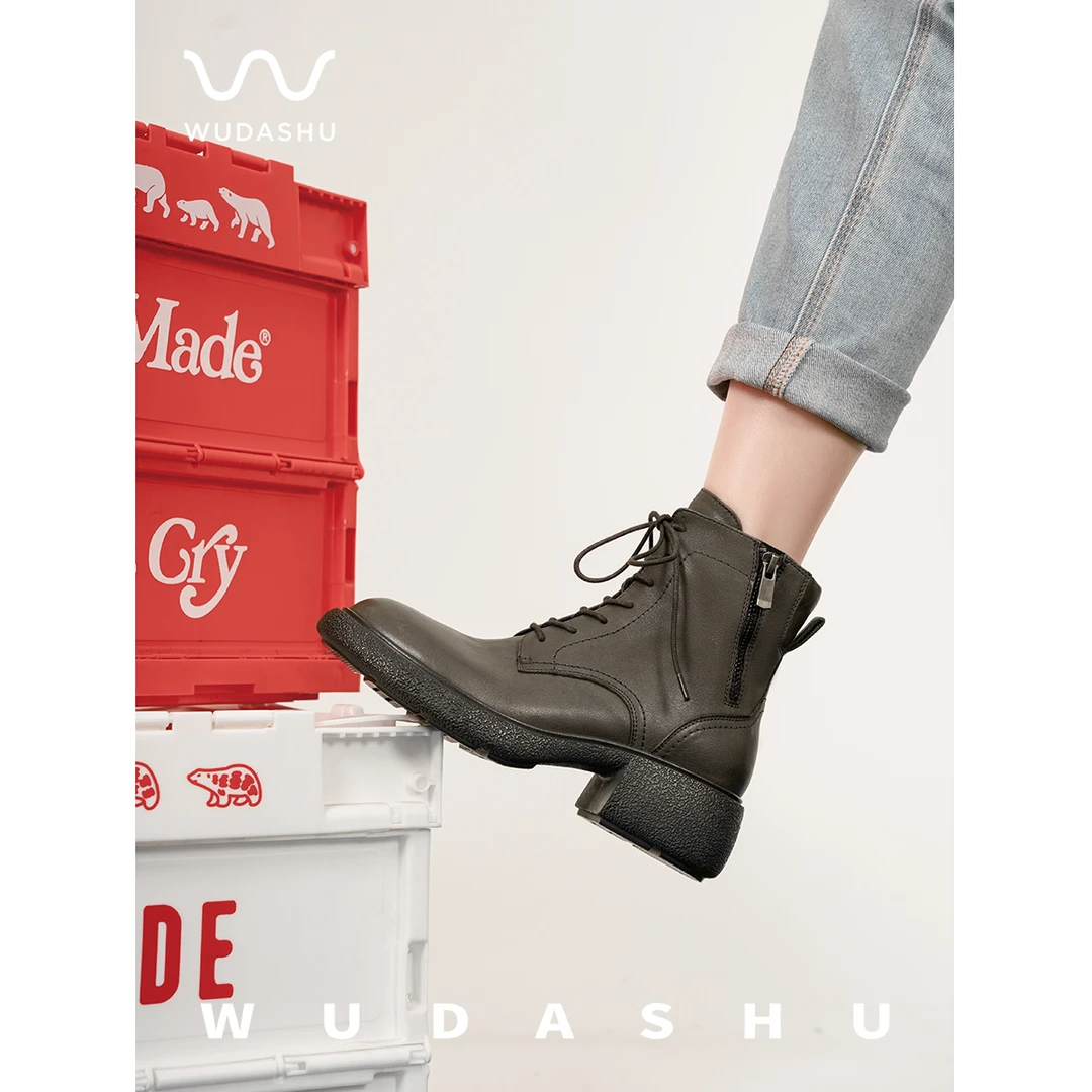 吴大叔秋冬新款粗跟马丁靴女系带时尚厚底靴子侧拉链短靴20-436