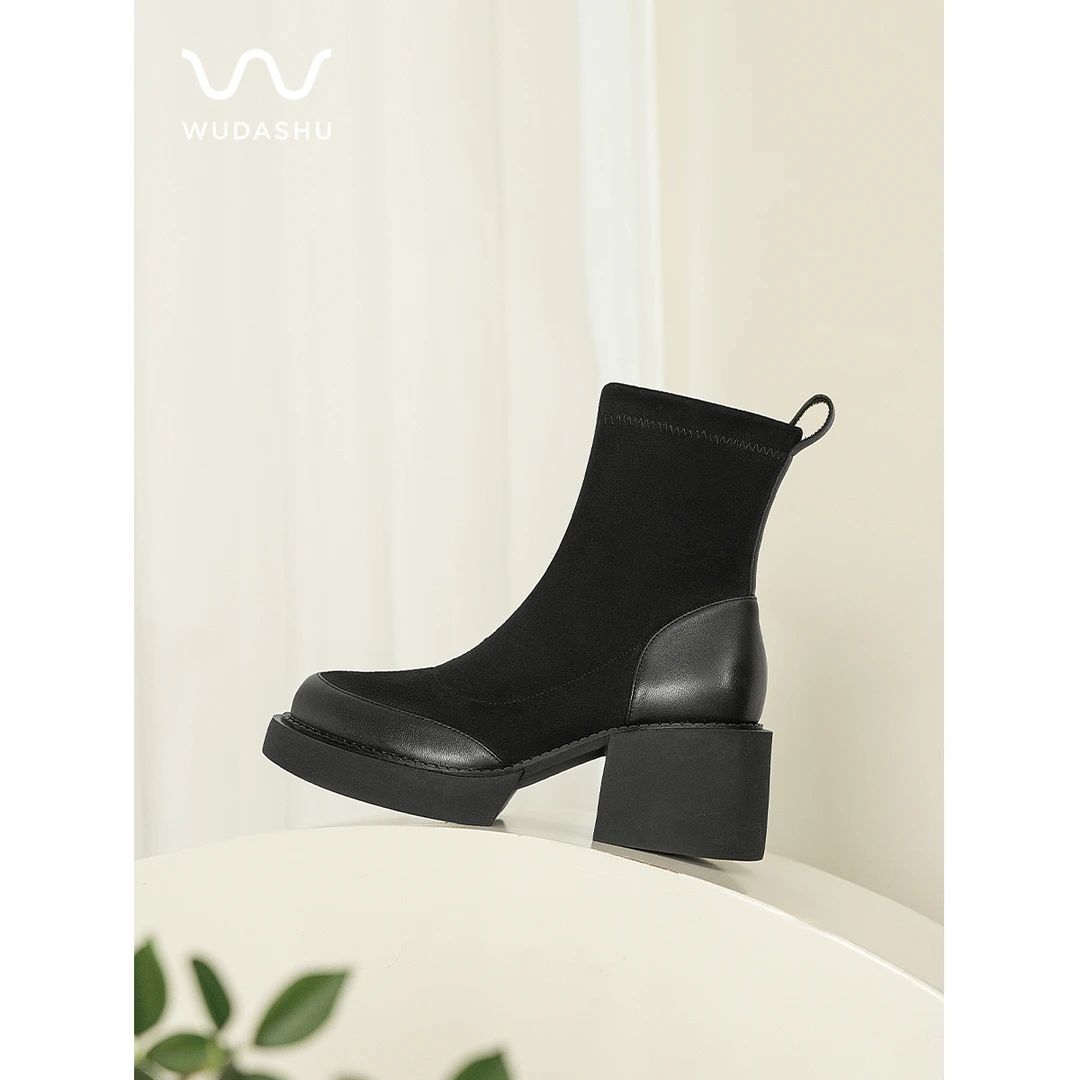 吴大叔2024秋冬新款厚底增高瘦瘦靴女粗跟弹力靴高跟靴子10-603