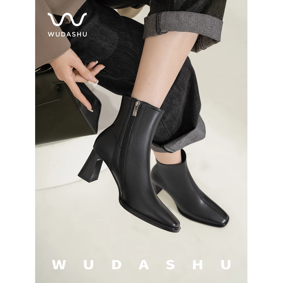 吴大叔2024新款秋冬百搭时尚气质方头方跟短靴女高跟短筒靴13-570