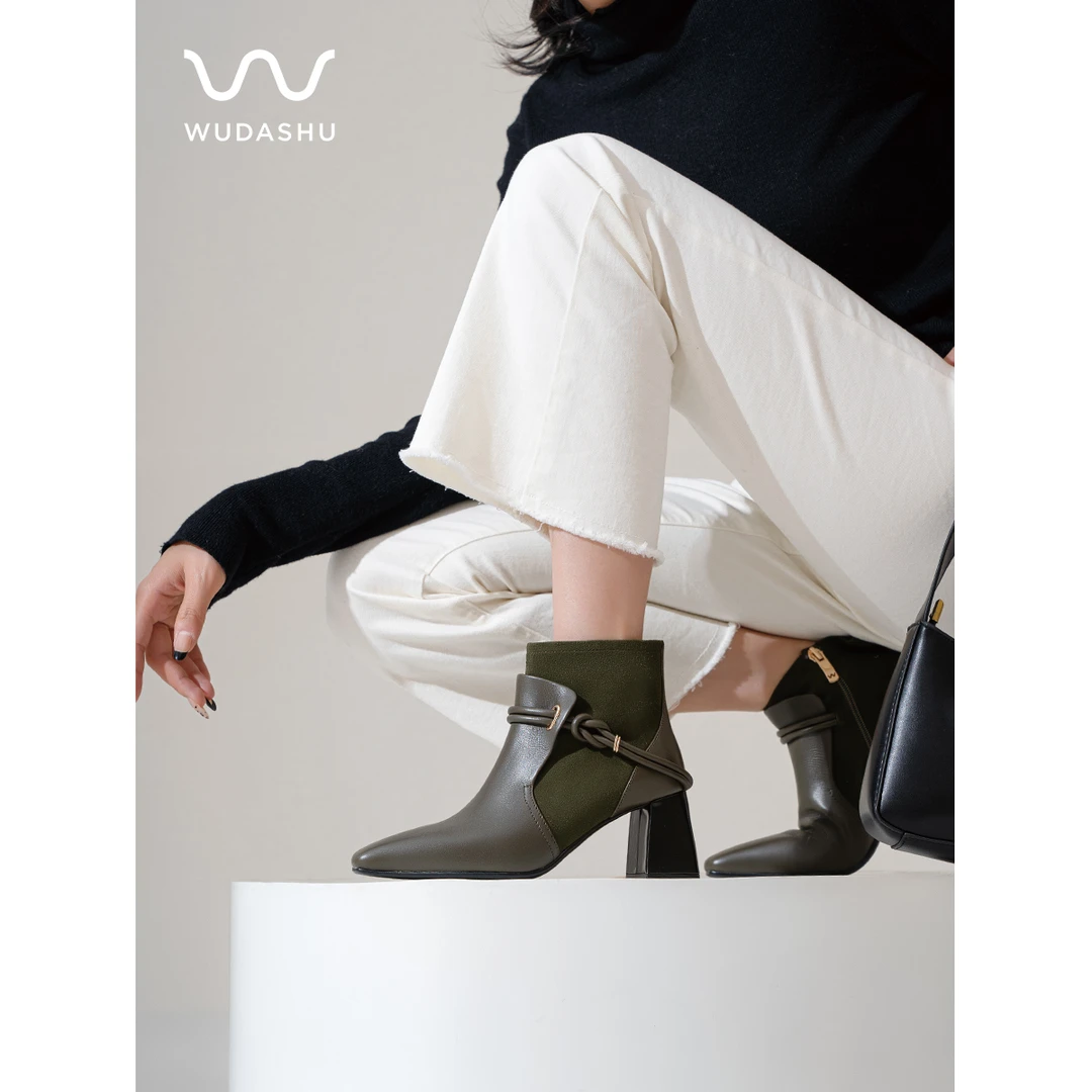 吴大叔2024秋冬新款尖头粗跟百搭时尚气质小众短筒短靴女91-006