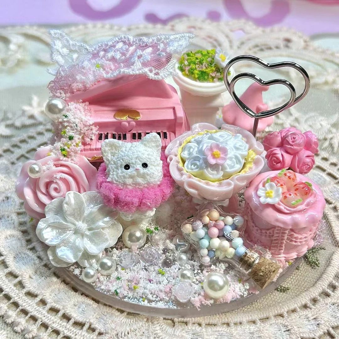 粉色钢琴围脖小猫大摆台DIY手作