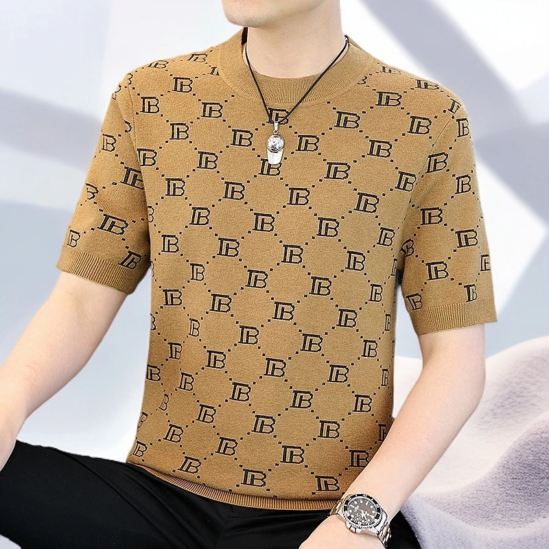 欧货短袖毛衣百搭潮牌韩版针织半袖男士圆领洋气高级感男装打底衫