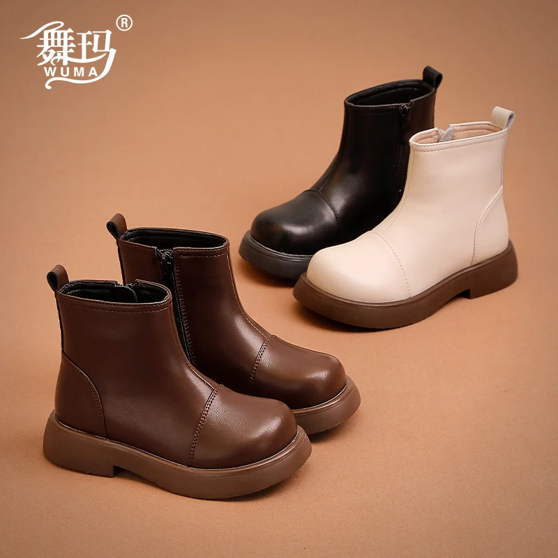 舞玛女童鞋子儿童马丁靴2023新款女宝宝秋冬季加绒短靴棉靴234921