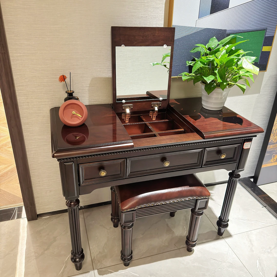 XC03-2翻盖梳妆台 金丝黄檀纯原木收纳柜 化妆台 化妆镜 美式