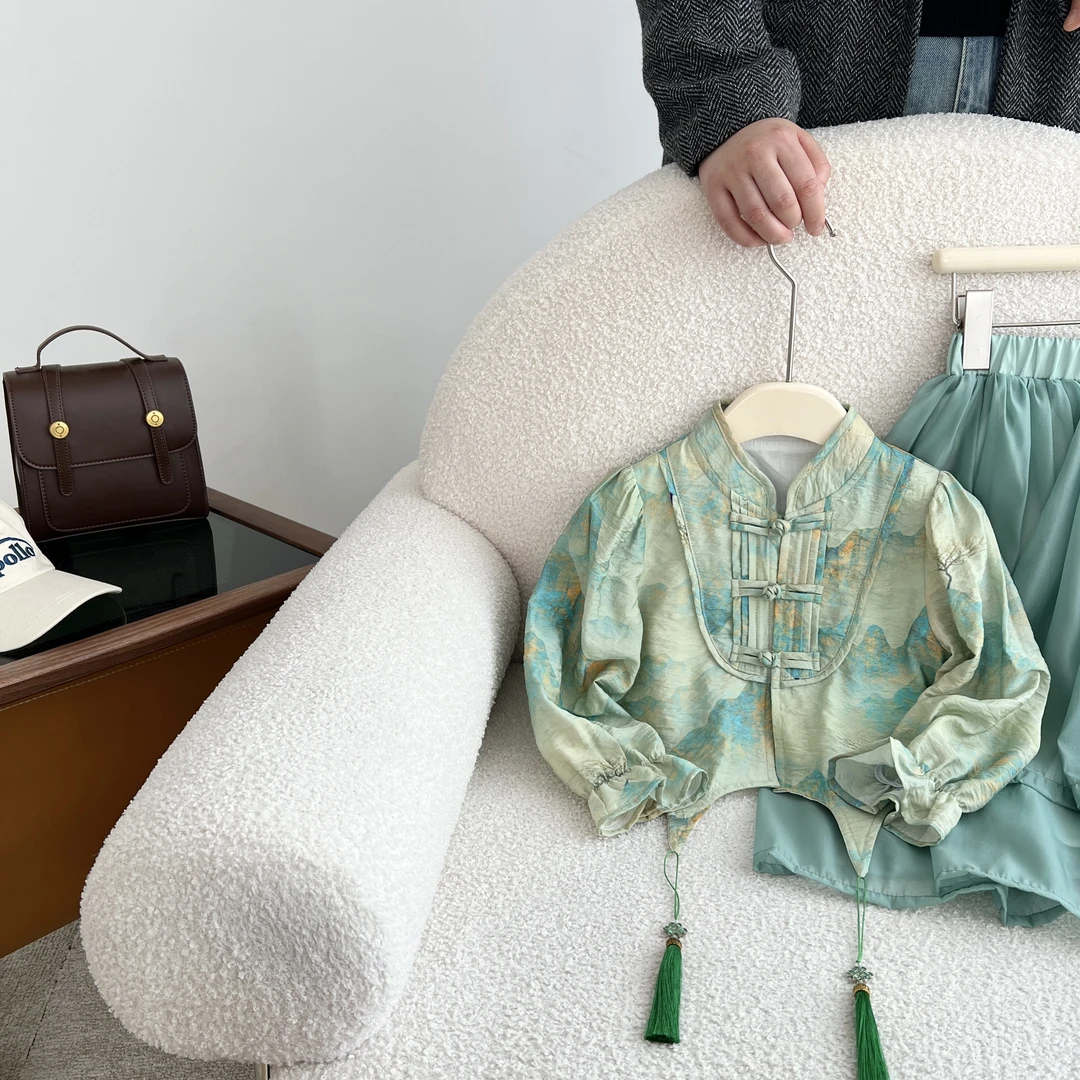 小菲特夏季新款女童6-12岁中国风渲染上衣儿童女宝套装BXTX40770