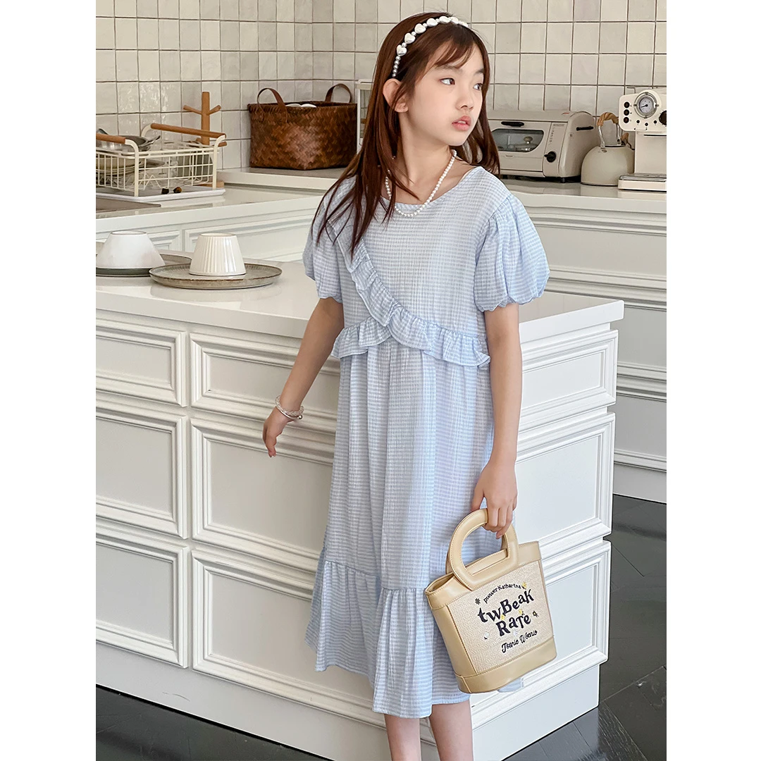 SZKP夏季新款女童中大童6-15岁韩系儿童泡泡袖连衣裙BGQX441086