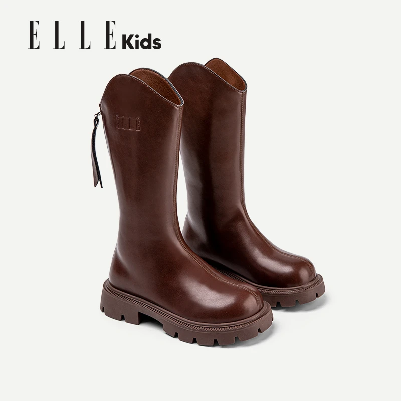 ELLEkids法国童鞋女童靴子冬季新款长筒靴中大童女孩长靴儿童皮靴