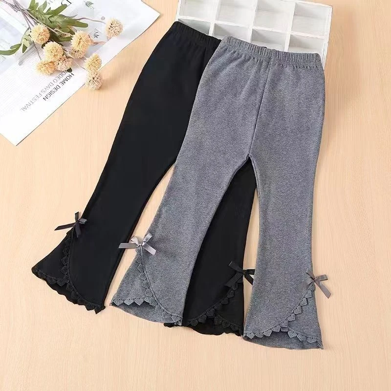 女童裤子新款外穿宝宝韩版洋气百搭外长裤喇叭裤蝴蝶花边打底裤