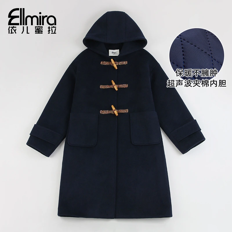 8843女童呢大衣儿童毛呢外套夹棉加厚连帽中长款2024新款洋气学院