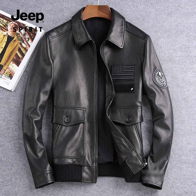 JEEP SPIRIT春秋男士休闲修身牛皮皮夹克高档时尚潮流翻领皮外套