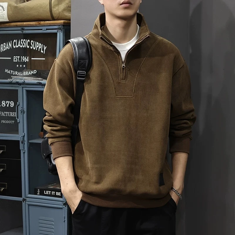 秋冬季新款男士卫衣秋冬一体加绒上衣半拉链立领潮牌痞帅休闲外套