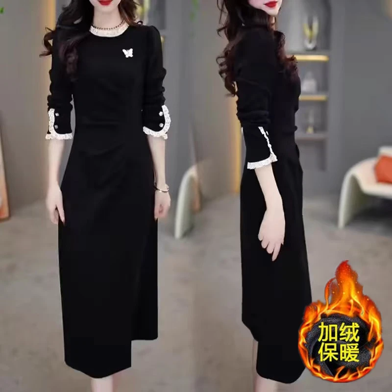 春秋新款2025时尚洋气黑色蕾丝长袖大码连衣裙气质收腰显瘦打底裙