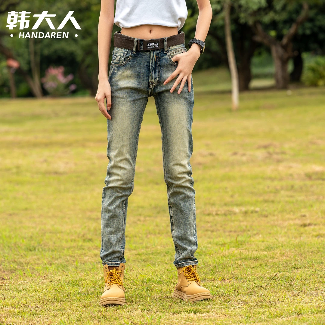 韩大人男士牛仔裤秋冬新款弹力复古怀旧修身小直筒加绒中高腰裤子