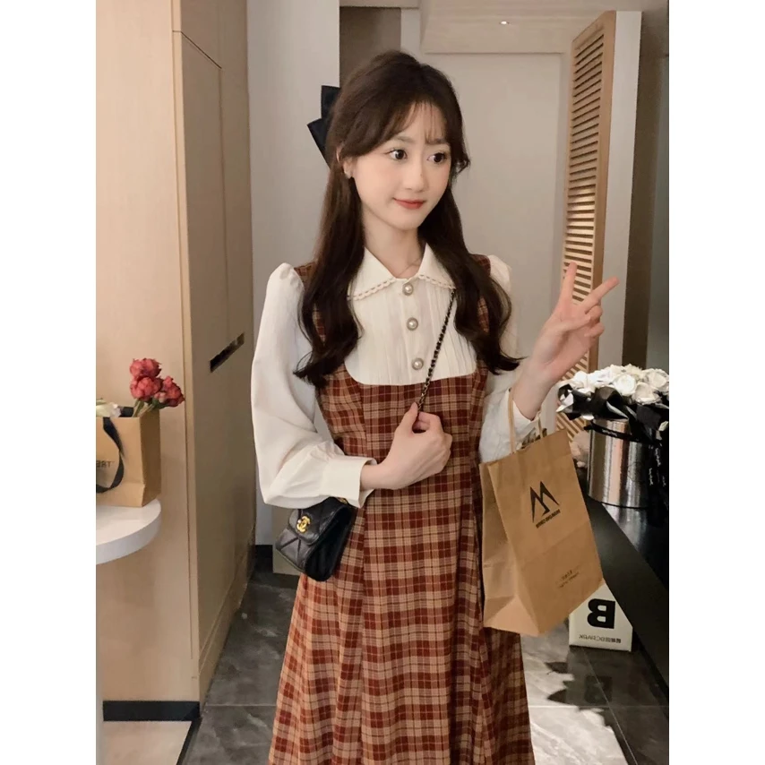 安璃 复古格纹假两件连衣裙