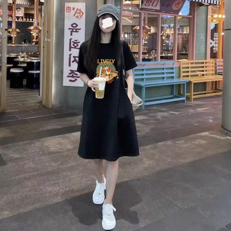 2023夏季新款裙子大码女装胖mm显瘦遮肚圆领T恤连衣裙宽松a字裙女