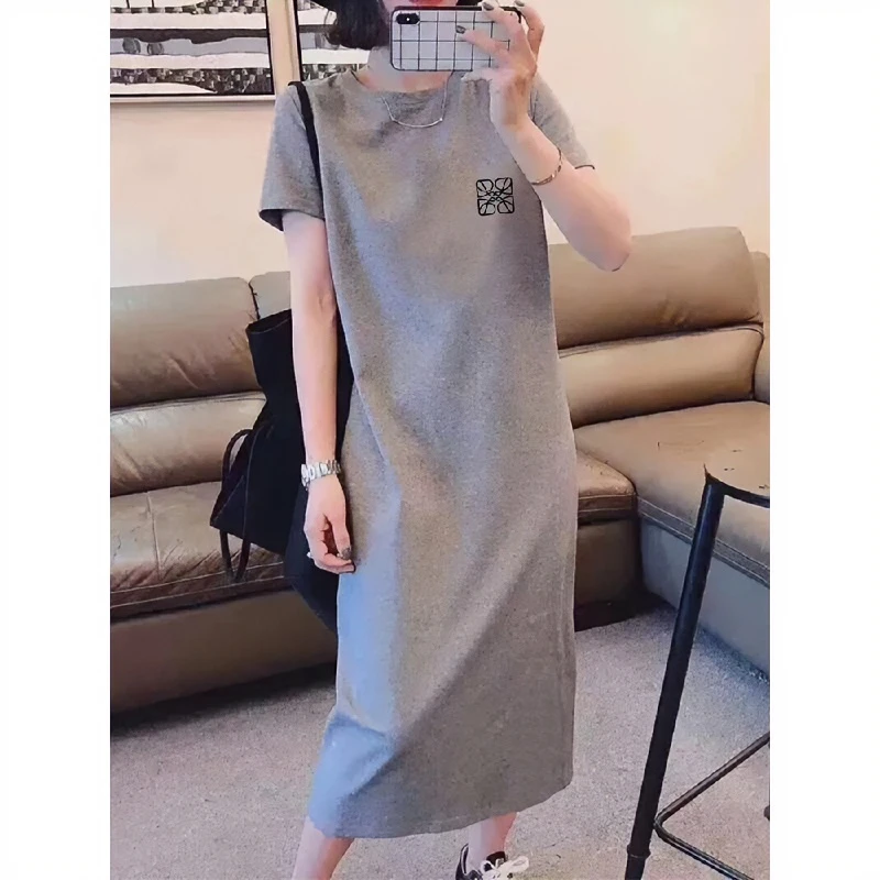 2023纯棉短袖长裙宽松休闲过膝t恤裙简约中长款连衣裙女显瘦夏ins