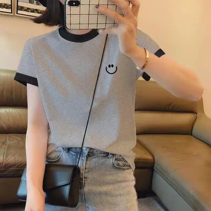 2024春款撞色圆领短袖T恤女夏季宽松小众设计感打底衫正肩上衣ins