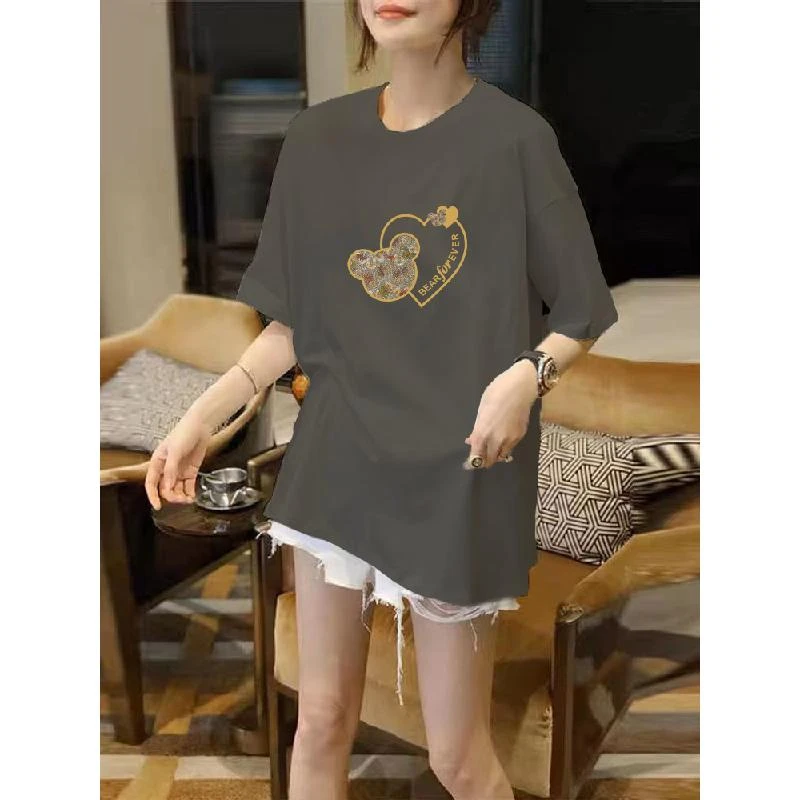 短袖2023夏季遮屁股纯棉t恤女新款大码减龄中长款宽松欧洲站上衣