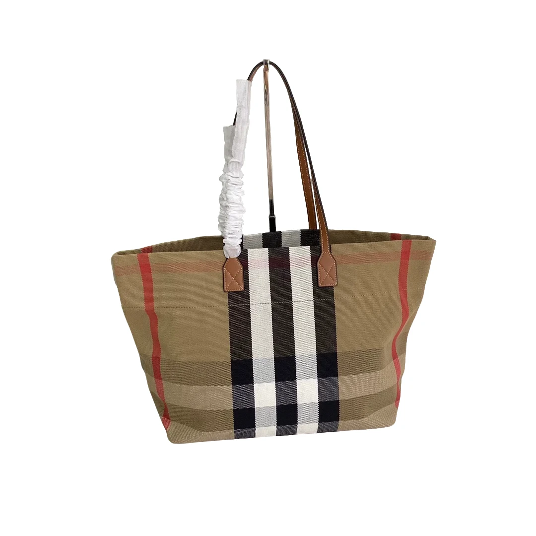 BURBERRY/巴宝莉 格子帆布拼皮tote托特包单肩包