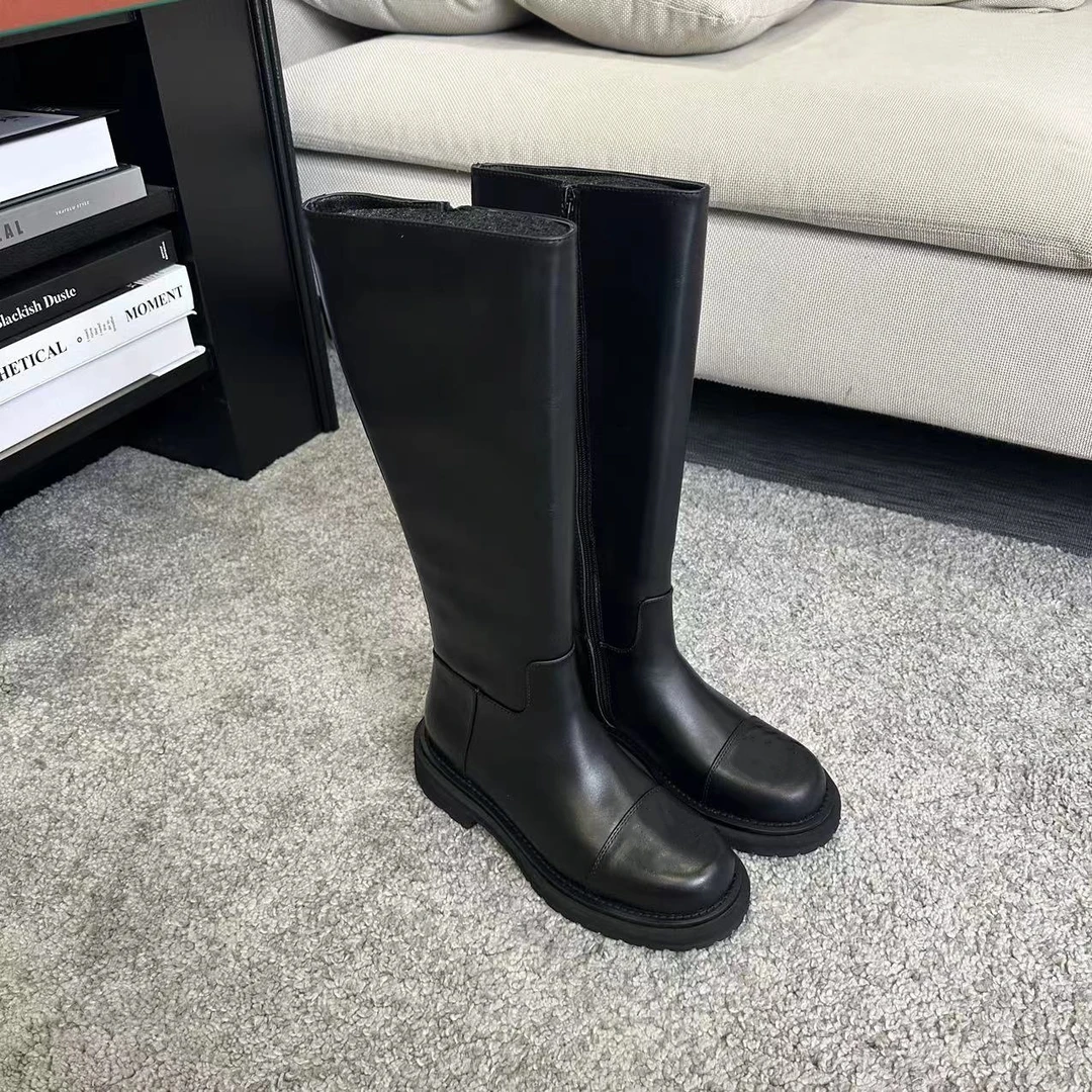 24新款黑色厚底增高双B复古长筒靴