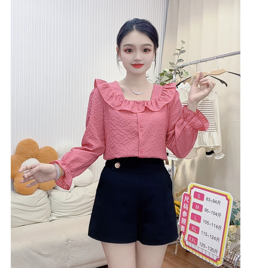 【清仓】春季荷叶边短款U型领常规方领衬衫纯色清纯风轻职风86