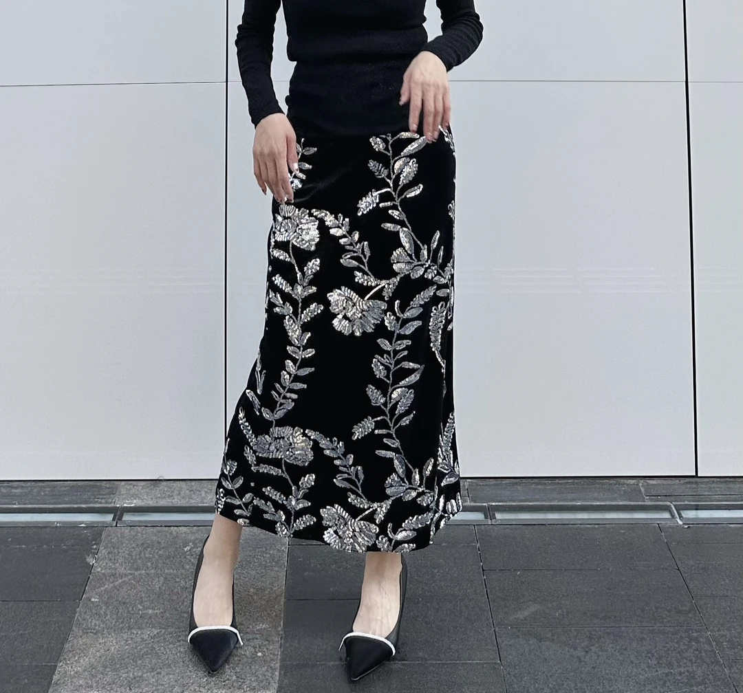 【Mei】繁花锦簇黑色超重工珠片绣醋酸丝绒长半裙
