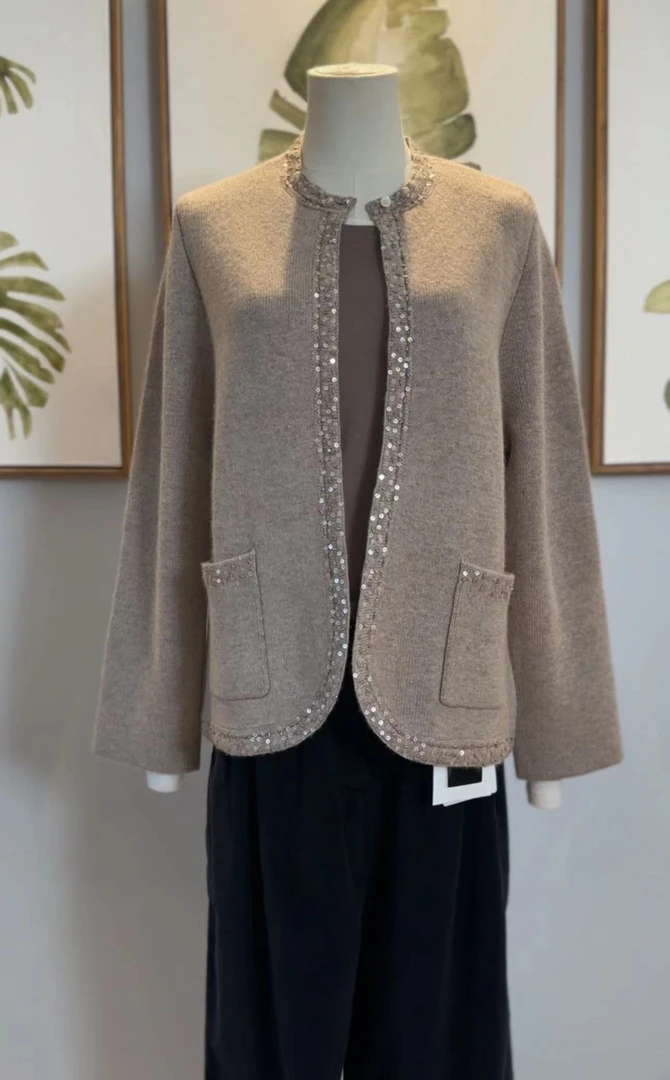 MSC高定 精纺重磅山羊绒手工钉珠外套 镜布