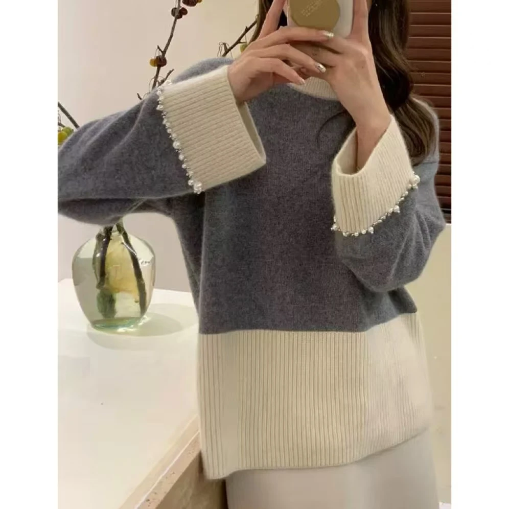 【高定-灰姑娘】新款洋气休闲百搭拼色气质针织套头上衣女