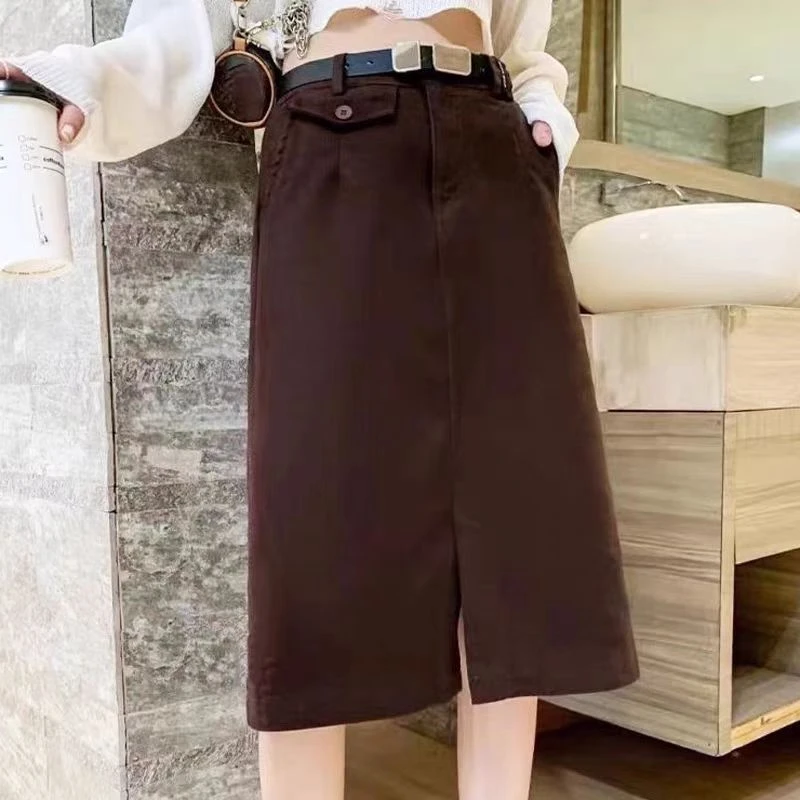 （裙长约64）秋冬新款时尚气质百搭休闲呢料开叉中长款半身裙110