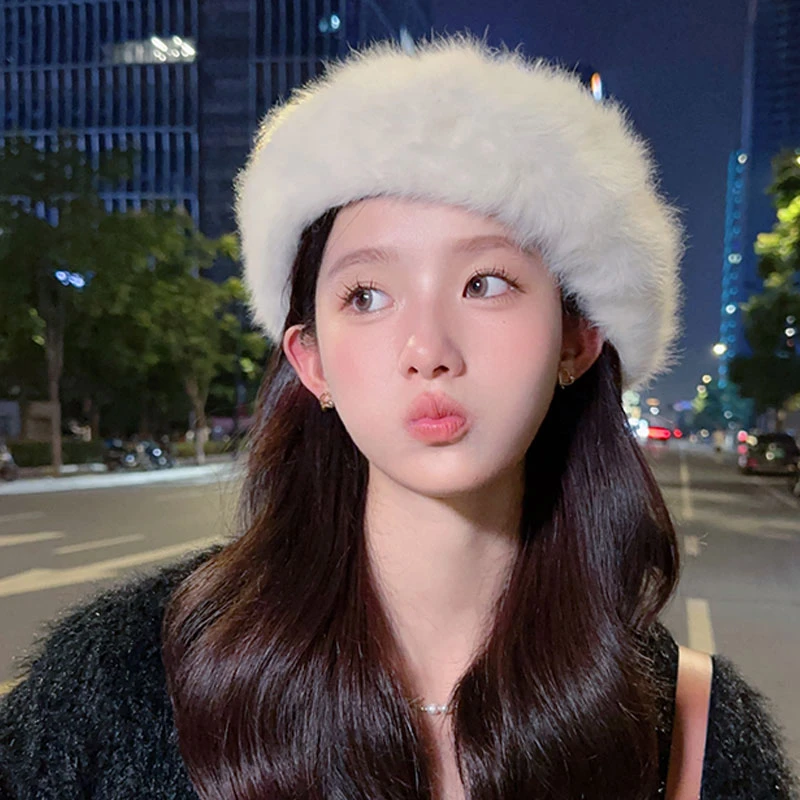 同款白色防兔毛毛绒八角贝雷帽女秋冬季气质保暖韩系画家帽子