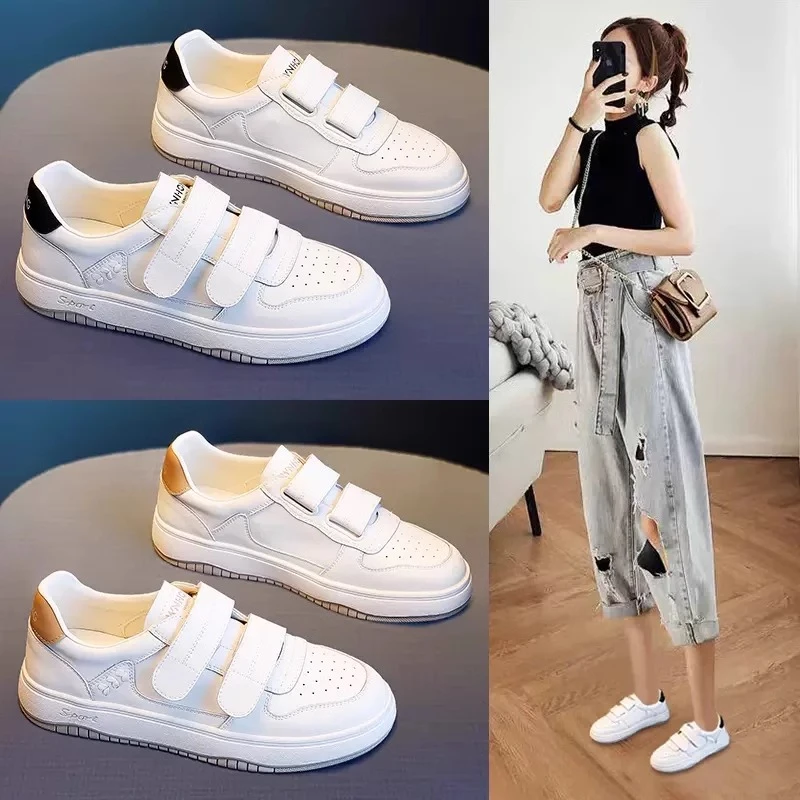 小白鞋女鞋2024新款夏季春秋软皮鞋子百搭魔术贴软底休闲运动板鞋