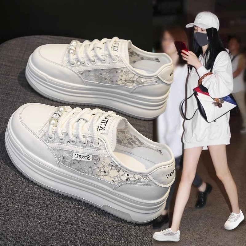 厚底增高网面小白鞋女2024夏季新款百搭轻便透气运动小个子板鞋女