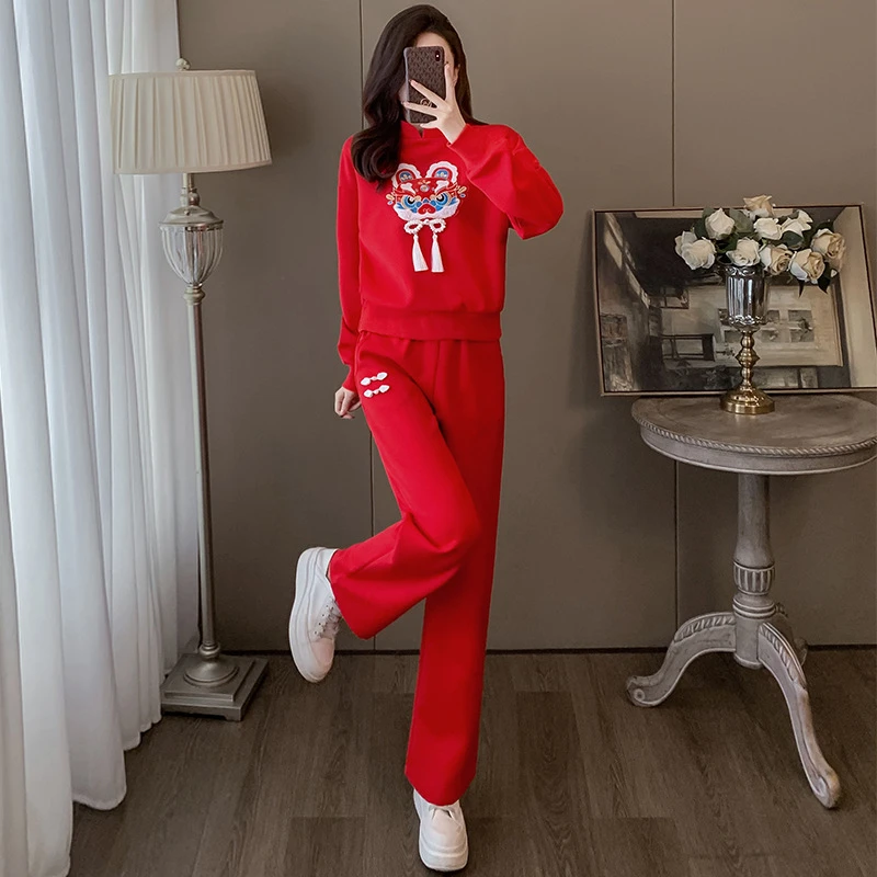 红色喜气装休闲运动套装女春时尚洋气新中式刺绣卫衣阔腿裤两家套