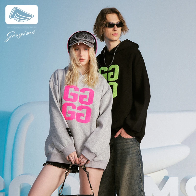 韩国Googims连帽加绒卫衣男女同款休闲潮牌春秋新款百搭套头衫