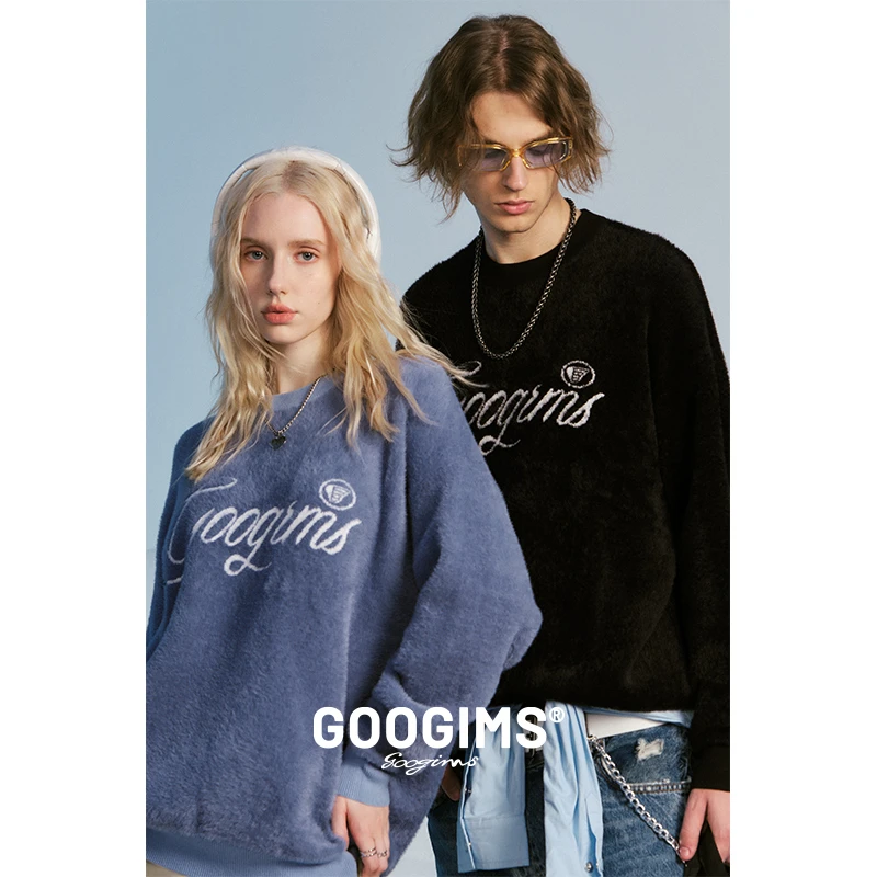 韩国Googims圆领毛衣男女同款秋冬新款宽松毛线衣情侣休闲上衣女