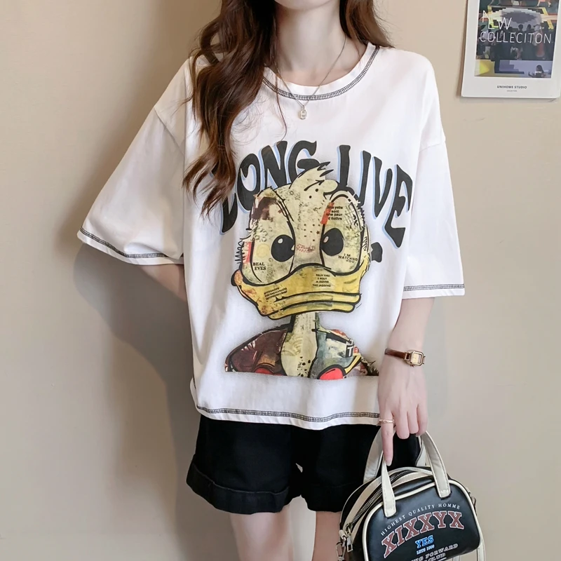 大码小个子T恤女新款韩版夏季短袖2024卡通印花设计显瘦宽松上衣