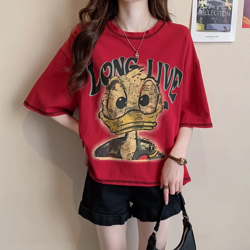 纯棉短袖T恤女夏季2024新款短款高腰小个子印花百搭宽松休闲上衣