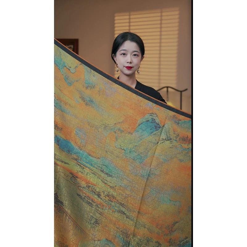 新款（千里江山140*140）龟裂纹香云纱围巾披肩方巾真丝丝巾春秋冬