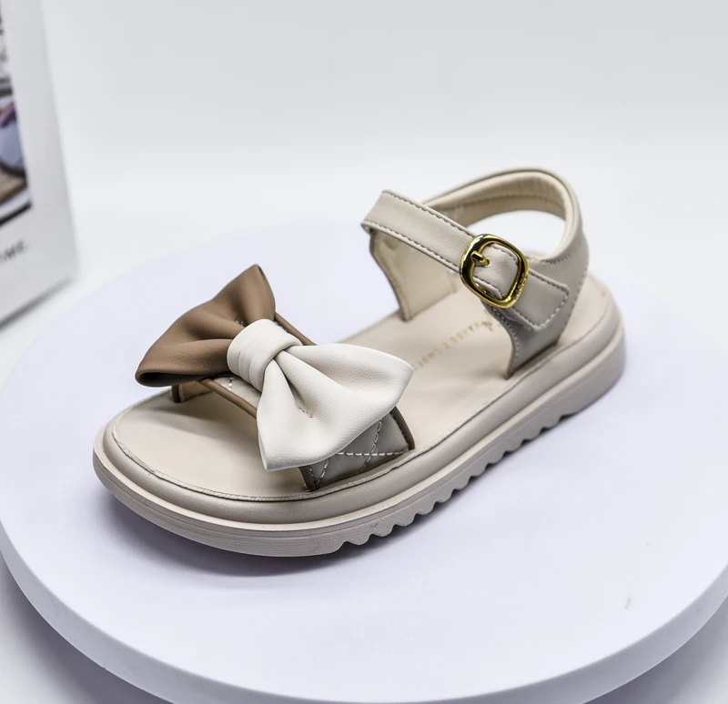 （26-30码）响当当夏季透气软底休闲黑白色蝴蝶结米色凉鞋