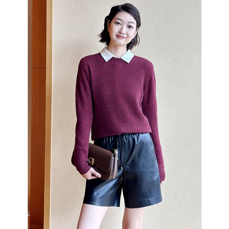 左左家 百搭圆领点点花纱山羊绒针织衫女秋气质套头宽松软糯毛衣