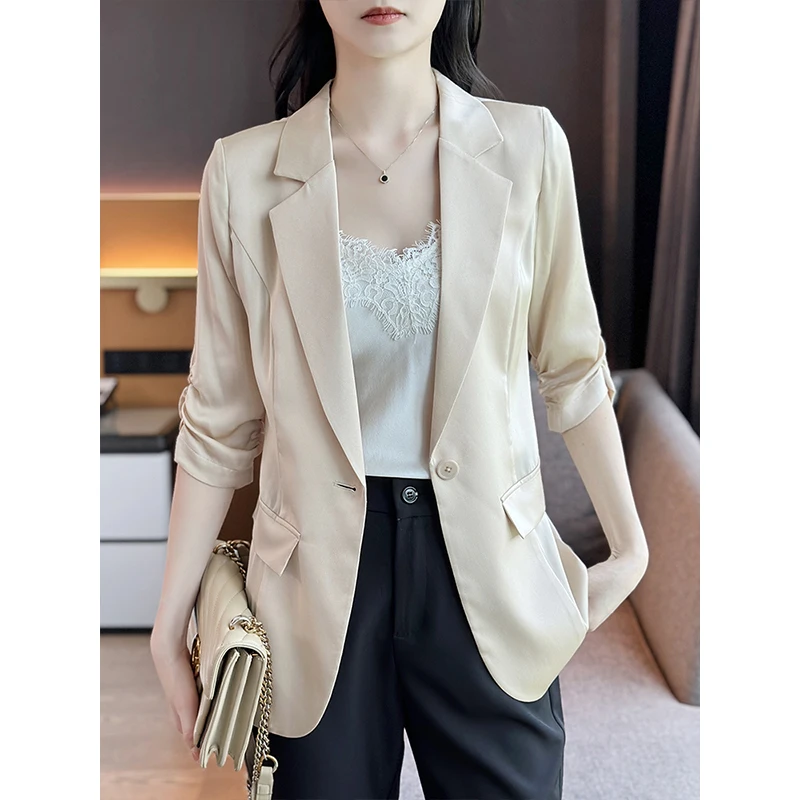 左左家 气质显瘦五分袖重磅真丝西装外套女夏纯色通勤桑蚕丝西服