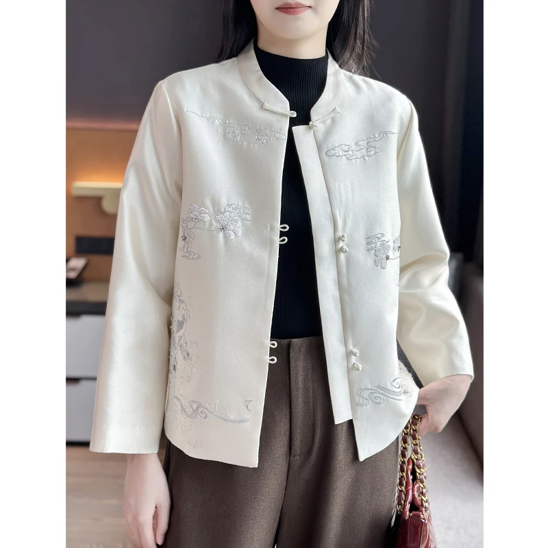 左左家 新中式国风重工剌绣真丝羊毛短款外套女宽松改良唐装上衣