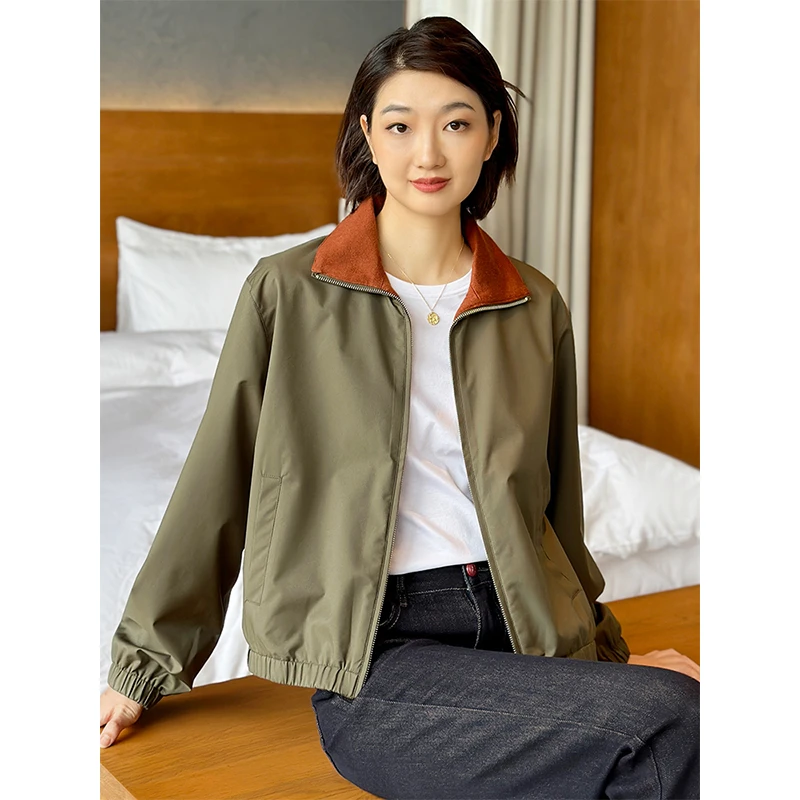 左左家 LP双面穿！意奢科技面料防风防水撞色拉链休闲夹克外套女