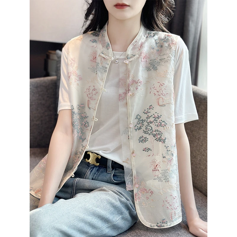 左左家 重工刺绣欧根纱国风马甲外套女夏轻薄盘扣新中式马夹