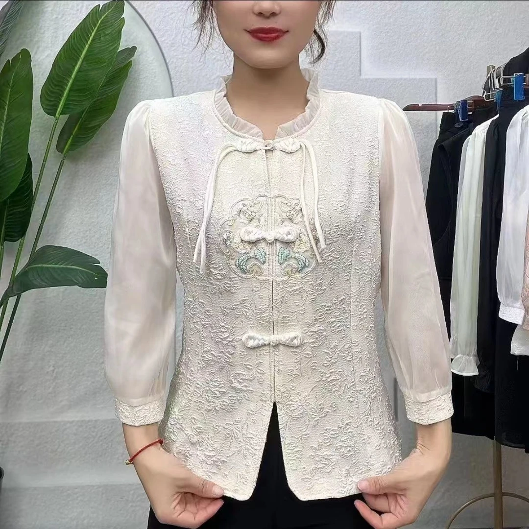 夏季中式国风盘扣花盘刺绣衬衫设计新款七分衬衣气质显瘦上衣