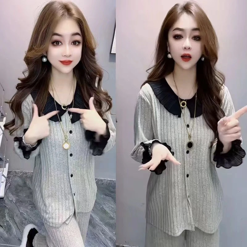 秋冬新款荷叶领拼花边袖洋气时尚宽松显瘦休闲韩版家居服睡衣套装