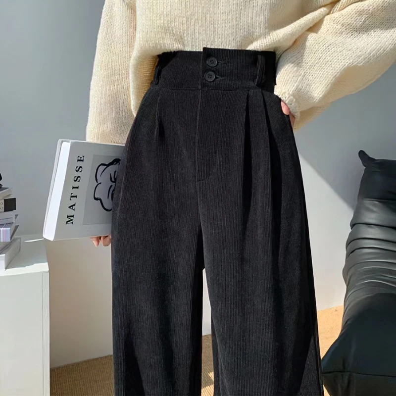 灯芯绒窄版阔腿裤女2024秋冬新款外穿高腰宽松垂感加绒休闲直筒裤