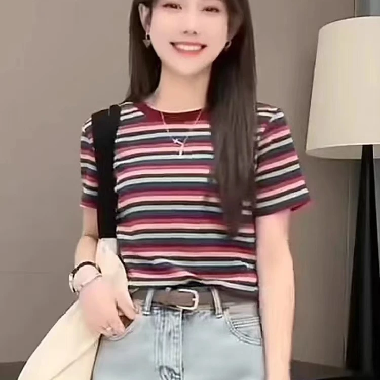 胖丫专属-9998韩版简约风条纹撞色百搭T恤休闲洋气减龄上衣