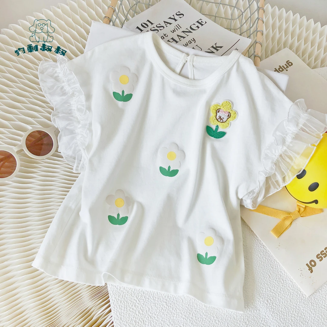【盆栽小花】2526夏季新款女童收口花边圆领短袖T恤轻薄透气卡通