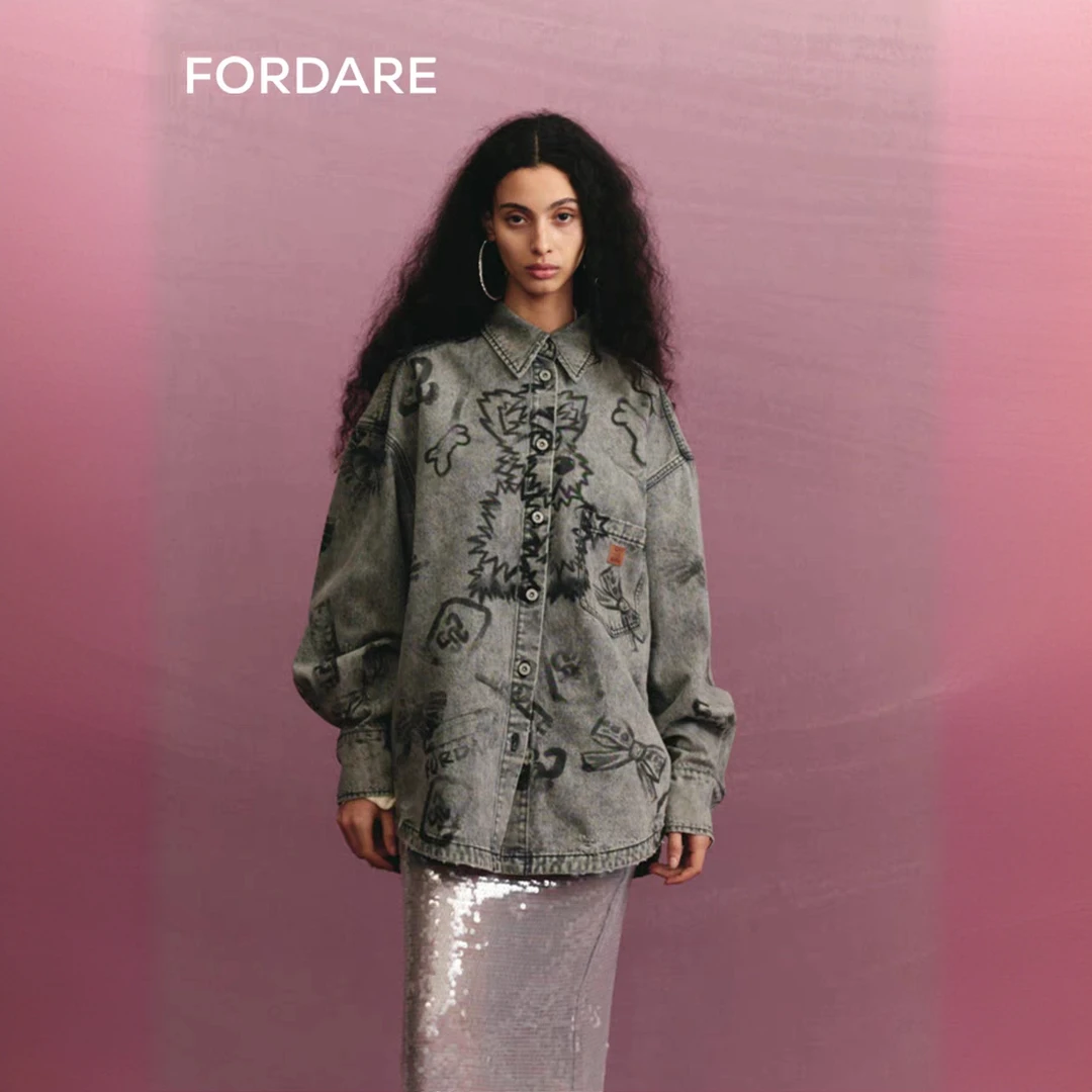 FORDARE福蝶秋季新品炸毛小狗涂鸦ins牛仔衬衫宽松长袖衬衣3327